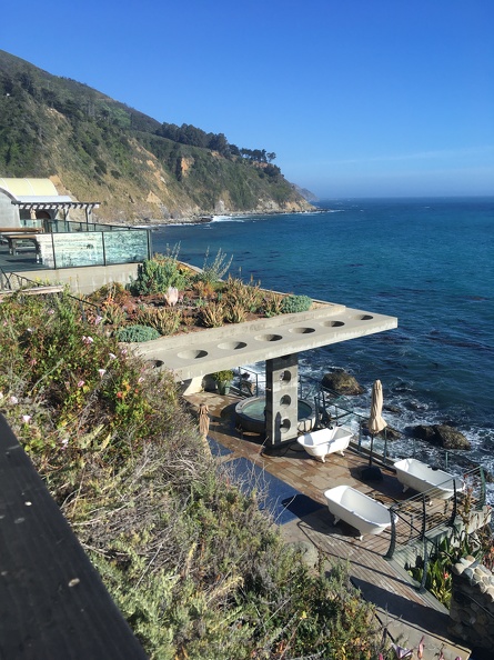 View looking down at the cliffside baths at Esalen.